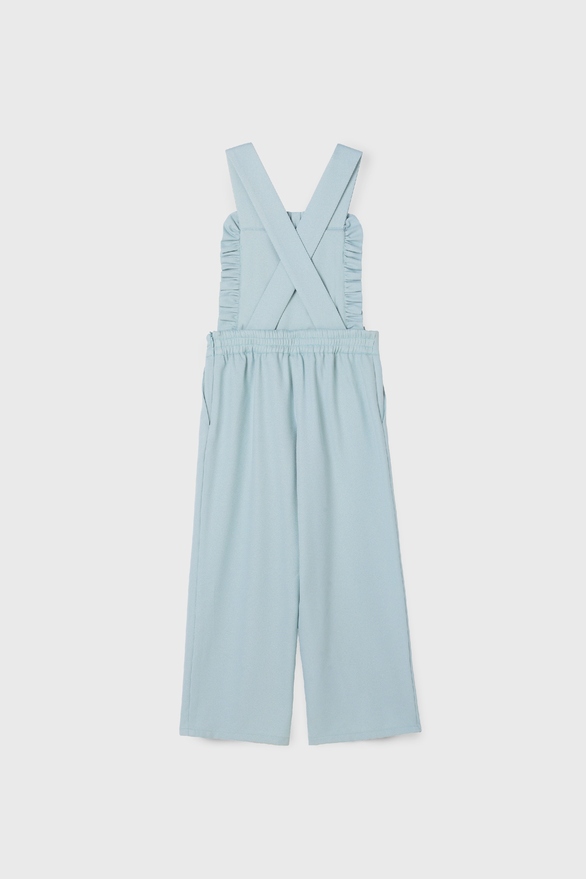 BLUE RUFFLE CREPE JUMPSUIT