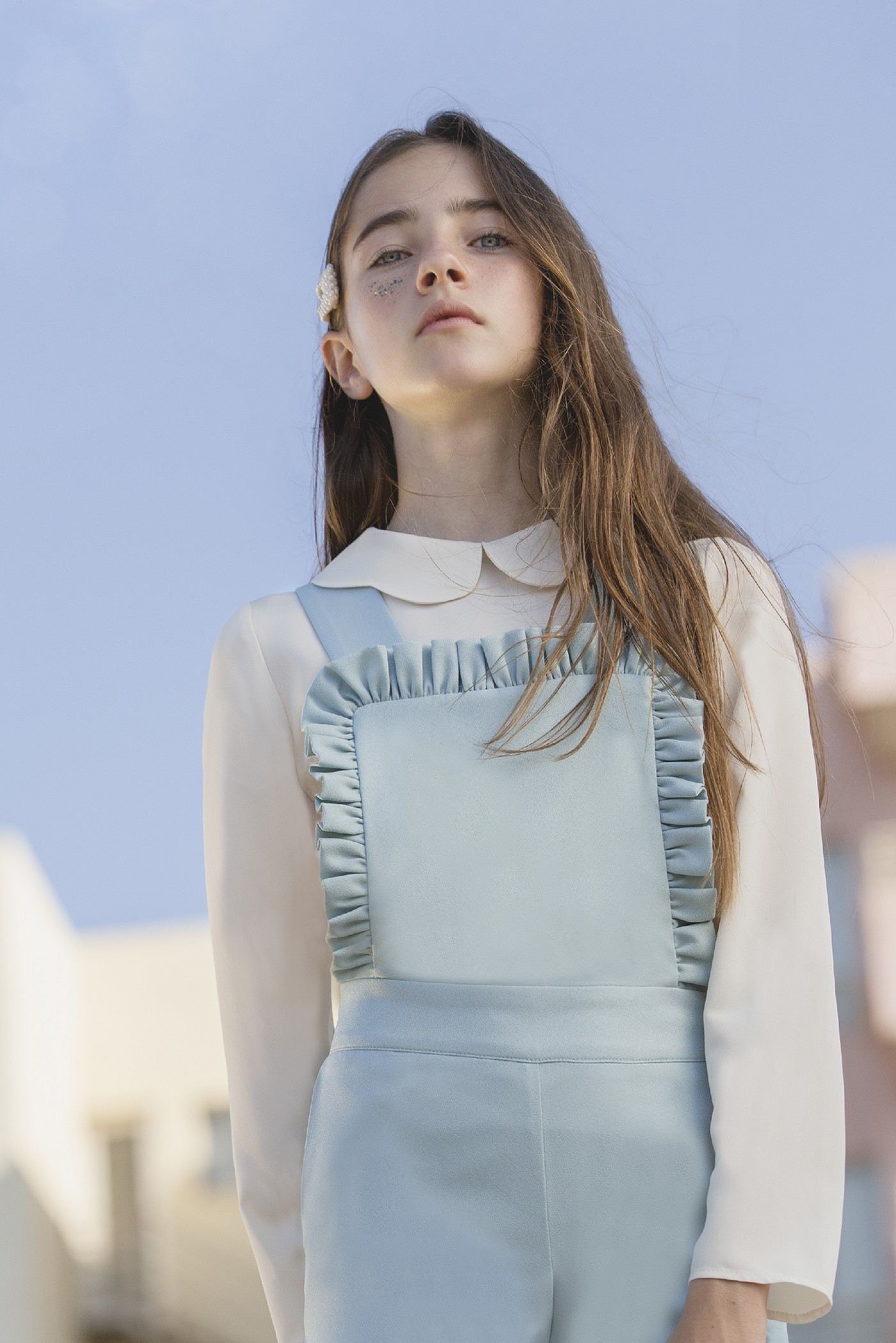 BLUE RUFFLE CREPE JUMPSUIT