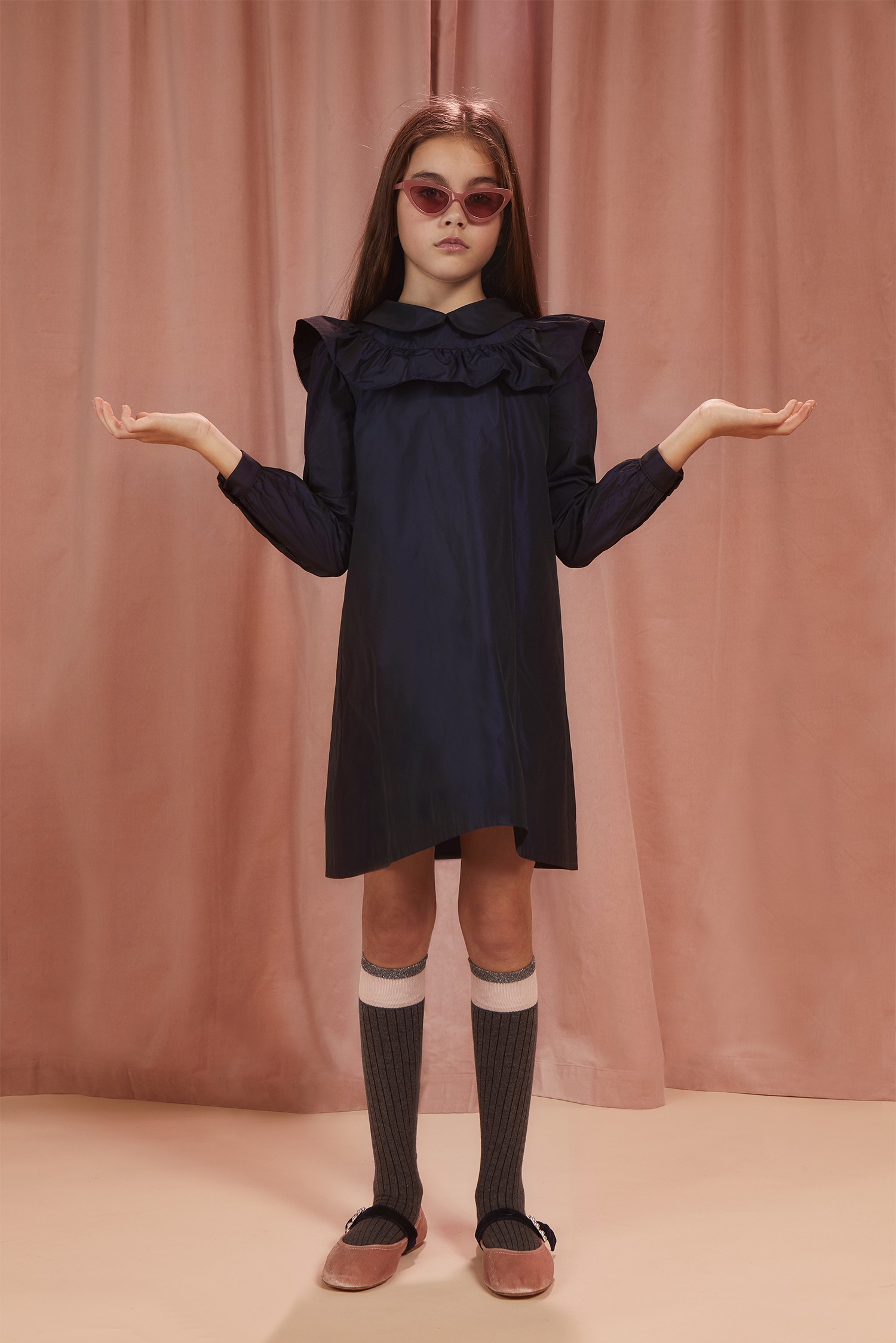 RUFFLE COLLARED TAFFETA DRESS